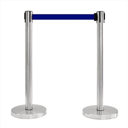 Vic Crowd Control Inc VIP Crowd Control 1120-10 14 in. Flat Base Satin Stainless Post & Cover Retractable Belt Stanchion - 10 ft. Dark Blue Belt 1120-10